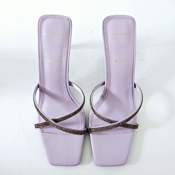 Black Suede Studion Ari Purple Metallic Stiletto Slide Sandals Size 6.5 - Picture 3 of 6